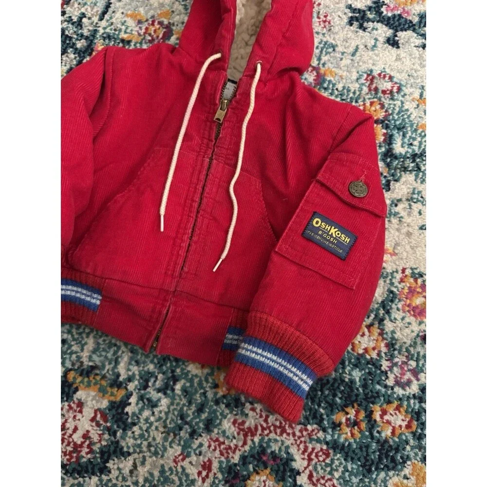 VTG 90s OshKosh BGosh‎ Sherpa Lined Corduroy Jacket Red Hooded Size 2T USA